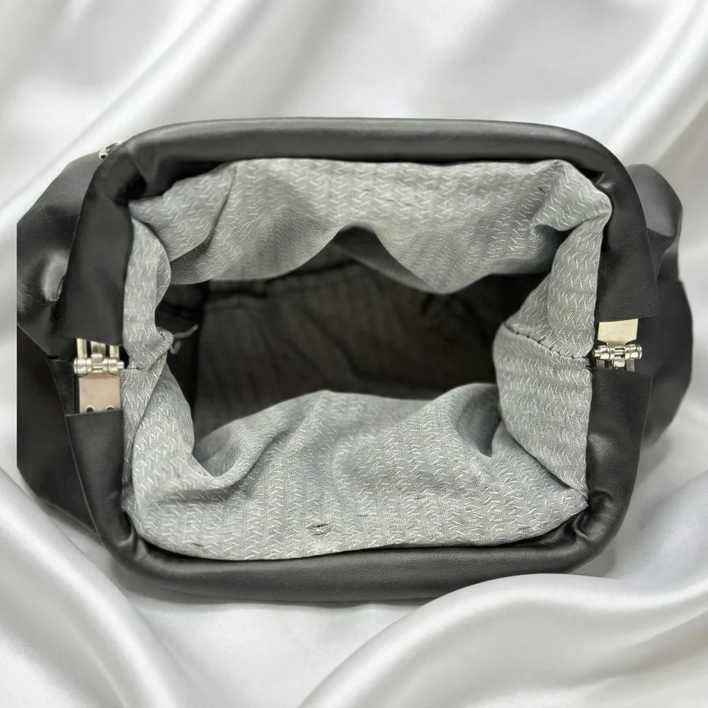 Black Ruched Top Handle Dumpling Bag Soft Vegan Leather Cloud Purse - Picture 5 of 7